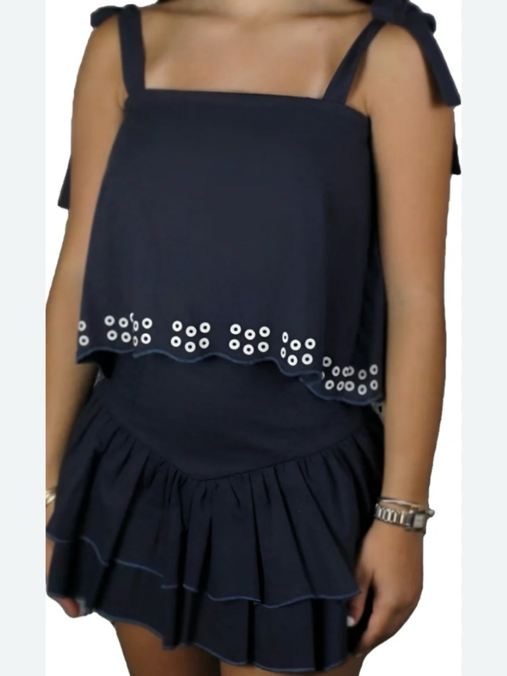NWT Tween Navy Eyelet Two-Piece Crop & Ruffle Skirt Set with Tie Straps